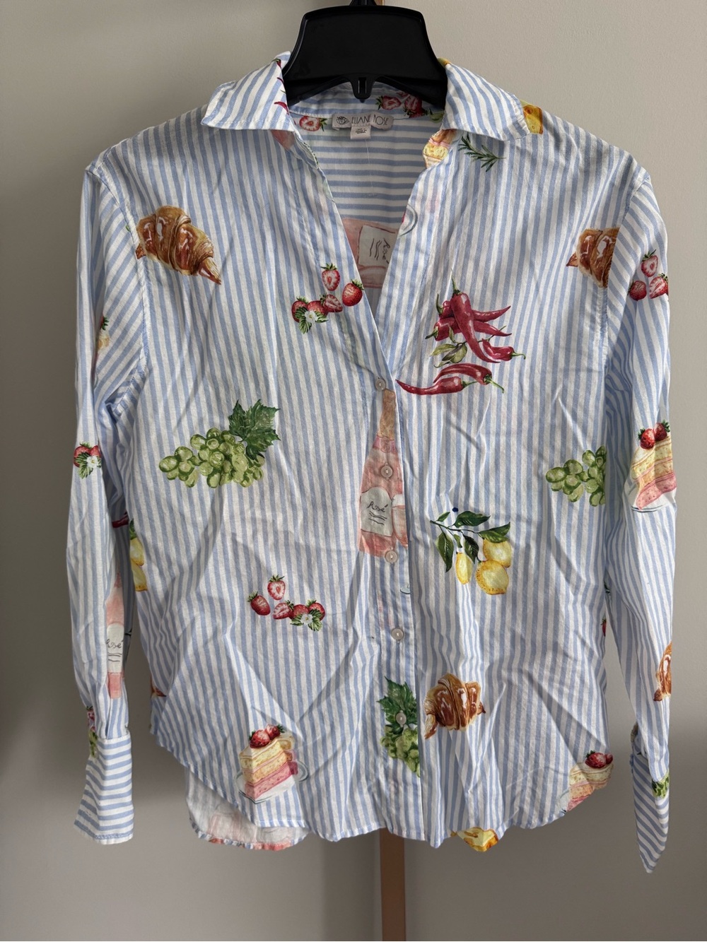 Striped Button-Up Shirt with Fruit & Pastry Print